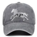 Close-up of grey washed cotton baseball cap with intricate white floral horse embroidery - Adjustable / Gray
