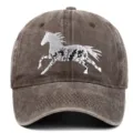 Washed brown cotton baseball cap featuring an intricate white floral horse embroidery - Adjustable / Coffee