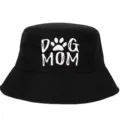 Premium black cotton bucket hat featuring white DOG MOM embroidery and paw print detail view - Adjustable / Black