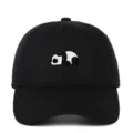 Detail shot of a soft-top black baseball cap with an embroidered lazy panda design - Adjustable / Black