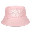 Detail view of white Dog Mom embroidery with paw print on pink cotton bucket hat - Adjustable / Pink