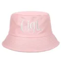 Detail of white Gigi script embroidery on a soft pink cotton bucket hat - Adjustable / Pink