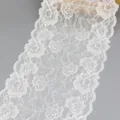 White elastic lace trim fabric detail shot with floral pattern for DIY sewing crafts. - White