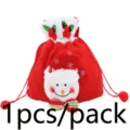 Christmas red velvet drawstring gift bag with cute snowman face, perfect for holiday party. - Style 1