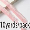 Pink 1cm elastic ruffled lace trim, 10 yards pack single pleated ribbon for sewing DIY. - Pink