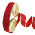 Close-up detail of the red glitter ribbon with gold wired edges for crafts and gift wrapping. - Red 5cm*2m
