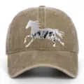 Detail view of white horse floral embroidery on brown washed cotton baseball cap - Adjustable / Khaki