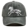 Detail of washed cotton baseball cap with intricate horse landscape embroidery - Adjustable / Army Green