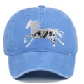 Close-up of floral horse embroidery on blue washed cotton baseball cap for outdoor leisure. - Adjustable / Light Blue