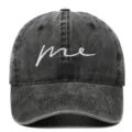 Detailed view of washed denim baseball cap with white me embroidery on front - Adjustable / Black