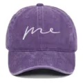 Detail of purple washed cotton baseball cap with embroidered cursive me text - Adjustable / Purple
