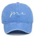 Sky blue washed cotton baseball cap with white 'me' script embroidery sun shade hat - Adjustable / Light Blue