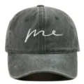 Close-up detail of washed cotton baseball cap with white 'me' embroidery - Adjustable / Army Green