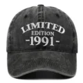 Detailed view of white embroidered 'Limited Edition 1991' on vintage washed black cap - One Size / 1991 Style