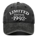 Detailed front view of washed grey baseball cap with white LIMITED EDITION 1992 embroidery - One Size / 1992 Style