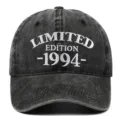 Detailed front view of washed black vintage baseball cap with 1994 limited edition embroidery - One Size / 1994 Style