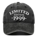 Front view detail of a black washed distressed baseball cap with white 1999 embroidery - One Size / 1999 Style