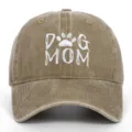 Brown washed cotton baseball cap featuring white Dog Mom embroidery and paw print - Adjustable / Khaki