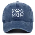 Premium washed navy blue cotton baseball cap featuring white DOG MOM paw print embroidery - Adjustable / Navy Blue