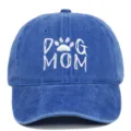 Adjustable blue washed cotton baseball cap featuring white Dog Mom embroidery design - Adjustable / Sapphire Blue