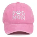 Pink washed cotton baseball cap with embroidered Dog Mom text and paw print design - Adjustable / Pink
