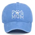 Light blue washed cotton baseball cap with white DOG MOM embroidery and paw - Adjustable / Light Blue
