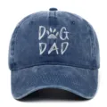 Vintage washed blue denim baseball cap with white DOG DAD embroidery and paw print - Adjustable / Navy Blue