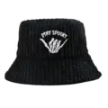 Close-up view of the STAY SPOOKY embroidery on a black ribbed corduroy bucket hat - Adjustable / Black Corduroy