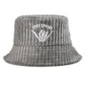 Grey corduroy bucket hat with white 'Stay Spooky' skeleton hand embroidery detail - Adjustable / Grey Corduroy