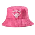 Detailed view of pink corduroy bucket hat featuring Stay Spooky skeleton hand embroidery design - Adjustable / Rose Red Corduroy