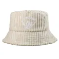 Close-up of a beige corduroy bucket hat featuring STAY SPOOKY skeleton hand embroidery - Adjustable / Off-white Corduroy