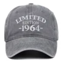 Detailed view of white 1964 embroidery on a distressed grey washed cotton baseball cap - Adjustable / Gray