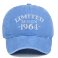 Front detail of a washed blue baseball cap featuring white 1964 embroidery design - Adjustable / Light Blue