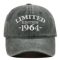 Macro detail of vintage washed cotton baseball cap with 1964 embroidered design - Adjustable / Army Green