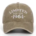 Close-up of white 1964 Limited Edition embroidery on a khaki washed cotton baseball cap. - Adjustable / Khaki