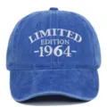 Detail of white 'LIMITED EDITION 1964' embroidery on blue washed cotton baseball cap - Adjustable / Sapphire Blue