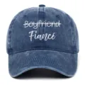 Detailed embroidery of 'Boyfriend Fiancé' on a stylish vintage washed blue baseball cap - Adjustable / Navy Blue (Fiance)