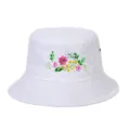 Detailed view of a white bucket hat with colorful floral embroidery and air vents. - Adjustable / White