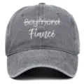 Close-up of 'Boyfriend Fiancé' embroidery on grey washed vintage baseball cap - Adjustable / Gray (Fiance)