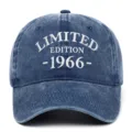 Close-up of 'LIMITED EDITION 1966' white embroidery on washed blue denim baseball cap - Adjustable / Navy Blue