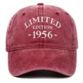 Close-up of 'LIMITED EDITION 1956' embroidery on distressed washed baseball cap - Burgundy