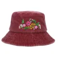 Close-up of washed maroon bucket hat featuring vibrant floral embroidery detail - Adjustable / Burgundy