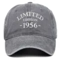 Detailed front view of grey washed cotton cap featuring 1956 white embroidery art - Gray