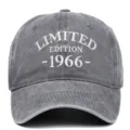 Detailed view of white 'Limited Edition 1966' embroidery on gray washed baseball cap - Adjustable / Gray
