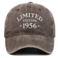 Close-up of brown distressed washed baseball cap with 1956 Limited Edition embroidery - Coffee