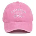 Macro detail of pink washed baseball cap featuring white 1956 Limited Edition embroidery - Pink