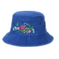 Washed vintage blue bucket hat featuring detailed colorful floral embroidery for sun protection - Adjustable / Sapphire Blue