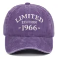 Close-up of white 1966 Limited Edition embroidery on purple washed baseball cap - Adjustable / Purple