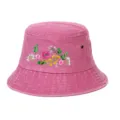 Detailed close-up of a pink washed vintage bucket hat featuring vibrant floral embroidery - Adjustable / Pink