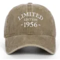 Close-up of premium vintage khaki washed baseball cap with white 1956 embroidery detail - Khaki